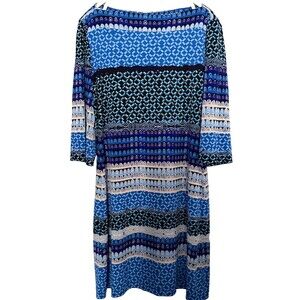 Donna Morgan Stretch Retro Boho Shift Dress 10 Blue Midi 3/4 Sleeve Geometric